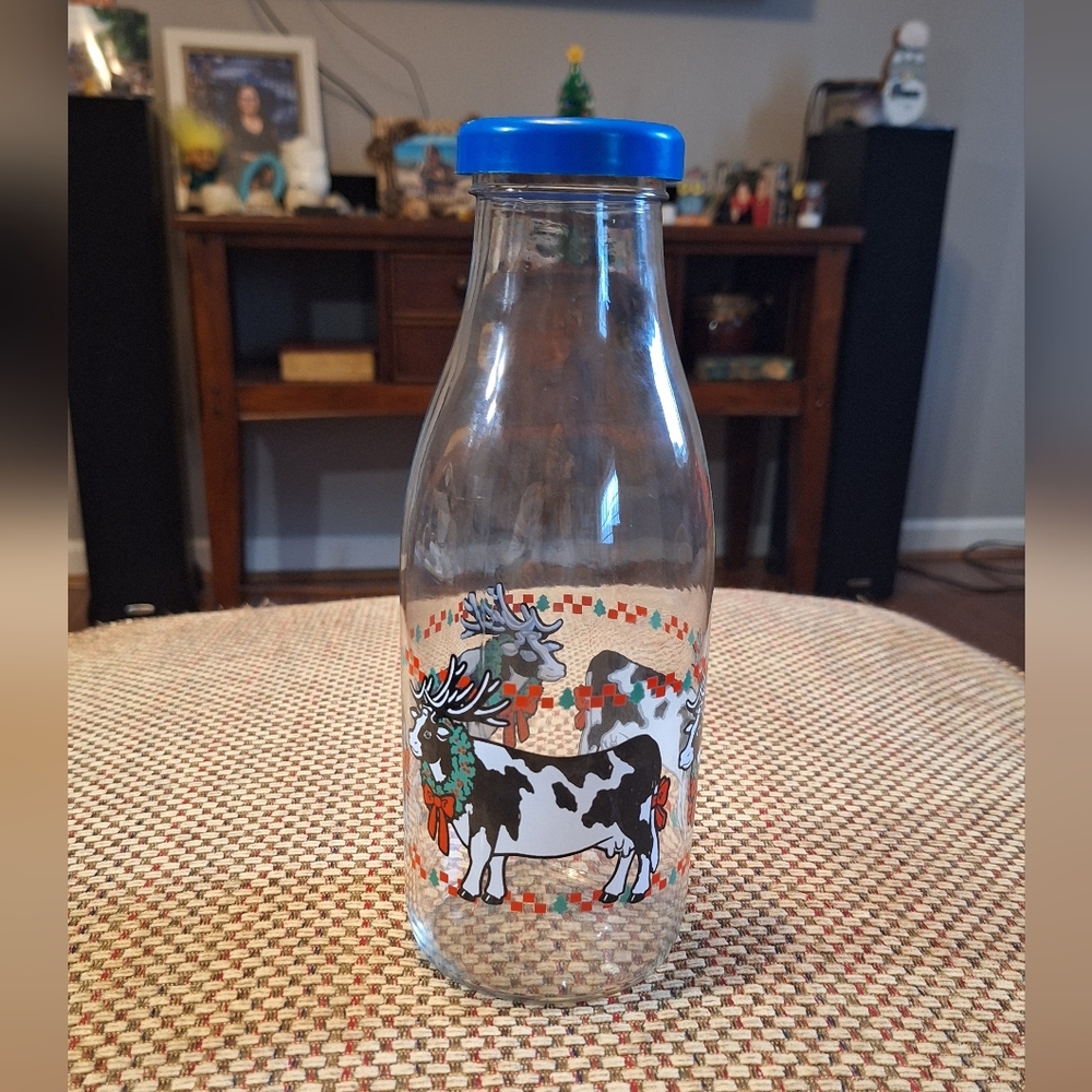 VMC France Vintage Holiday Cow Glass Milk Bottle Carafe